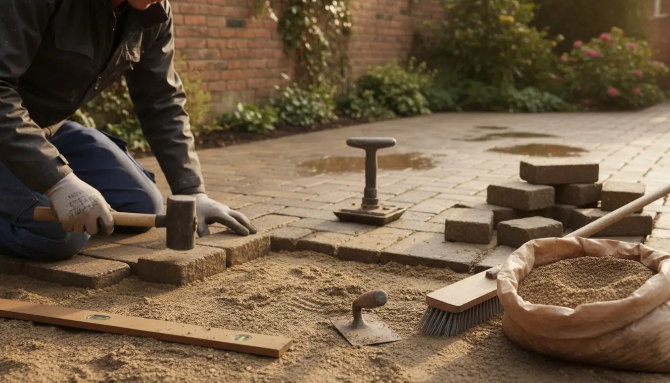 Omlægning af herregårdssten i en lille gårdsplads, hvor hænder placerer sten i vådt sand.