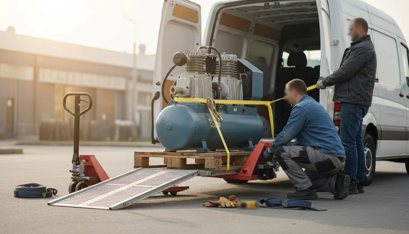 Stor industrikompressor på læsserampe ved en varevogn, klar til transport.
