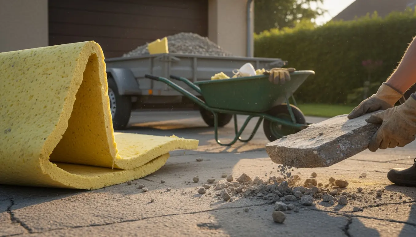 Fjernelse af grus, brudt beton og isolering ved et hus med trailer og trillebør i baggrunden.