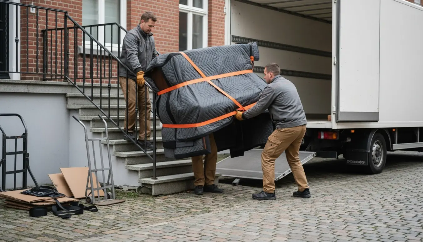 Et opretstående klaver pakket i flyttetæpper bæres ned ad en udendørstrappe mod en åben, ubrandet flyttevogn.