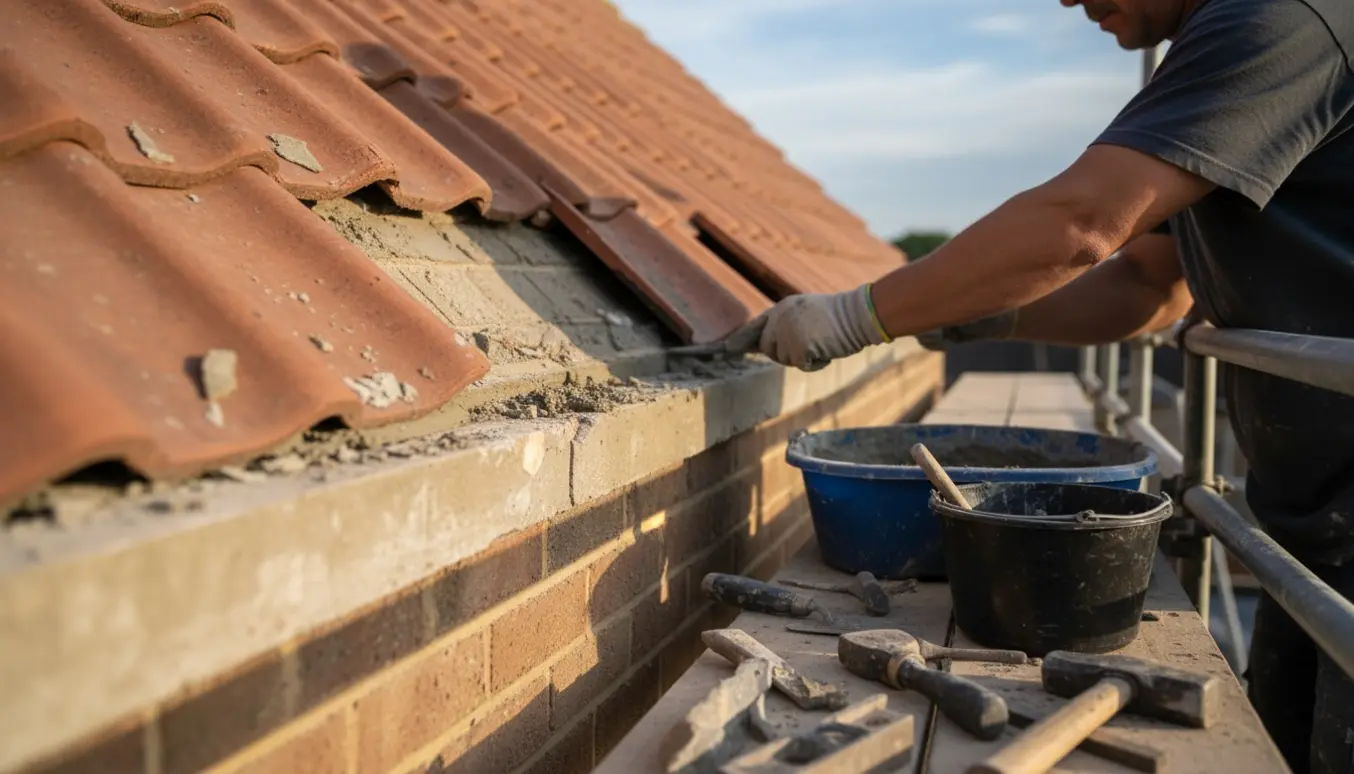 Håndværker på stillads reparerer revnet beton ved endegavl nær tagsten med frisk mørtel og værktøj.