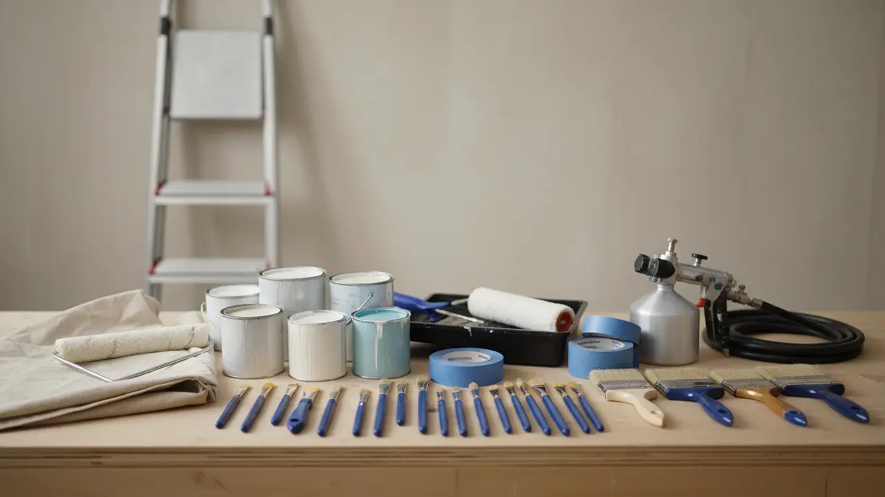 Bord med et udvalg af malerværktøj: pensler, ruller, malerbøtter og afdækning