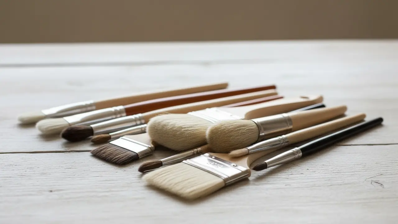 Forskellige penseltyper lagt ud på et træbord set tæt på