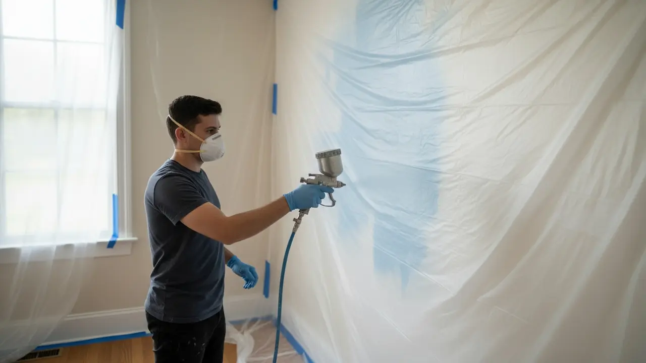Malersprøjte i brug mod indvendig væg med afdækning omkring