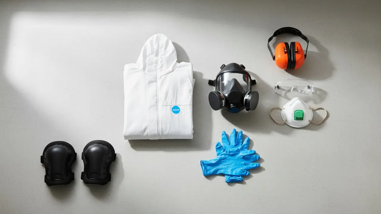 Udstyr til sikkerhed ved maling: maske, respirator, handsker, briller og beskyttelsesdragt