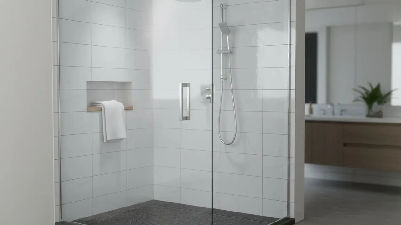 Skinnende ren brusekabine med glasdør og nypudsede fliser
