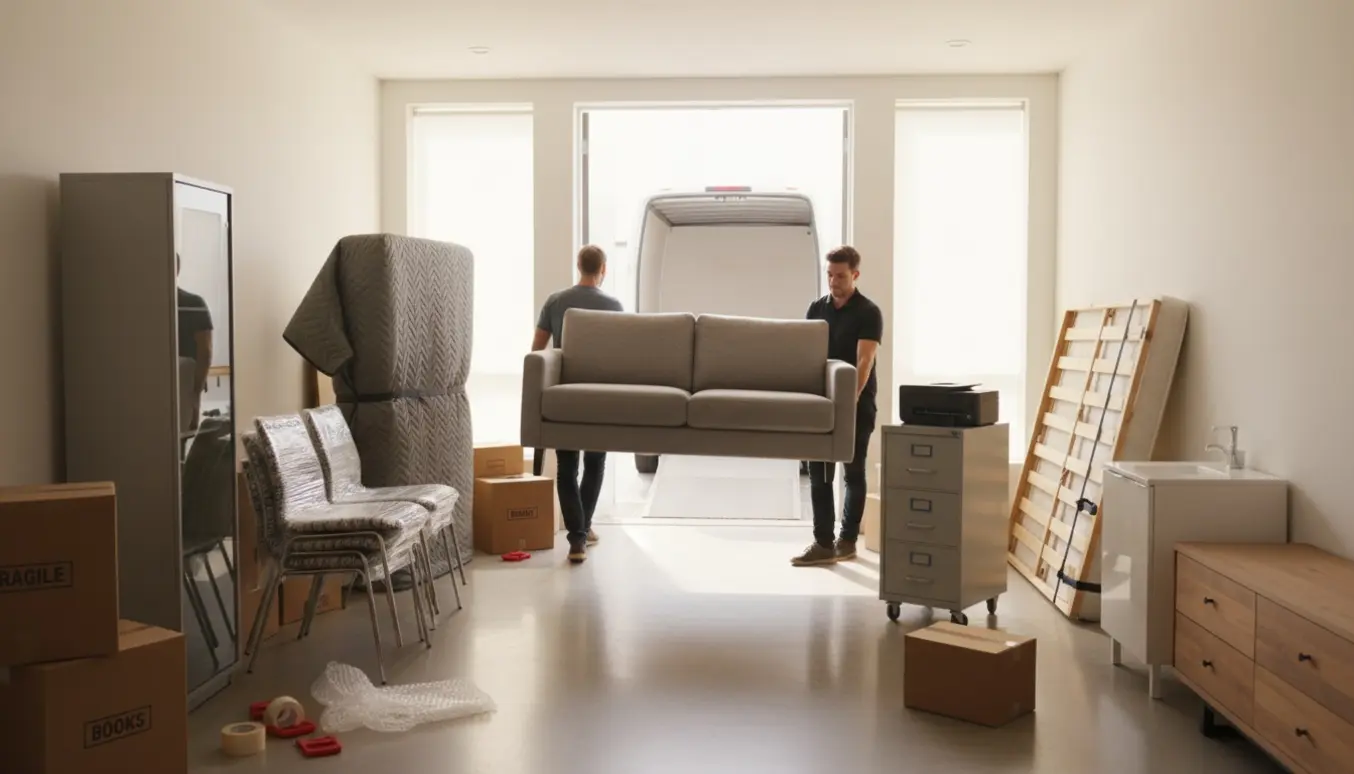 Flyttescene i en lys lejlighed med møbler, flyttekasser og to personer, der bærer en sofa.