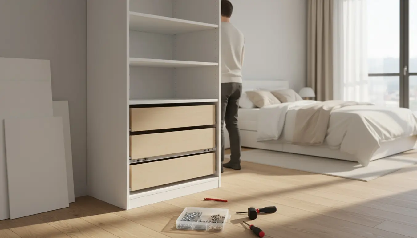 Delvist samlet PAX-garderobe med fem hylder og tre skuffer i et lyst soveværelse, med værktøj og samlerdele rundt om.