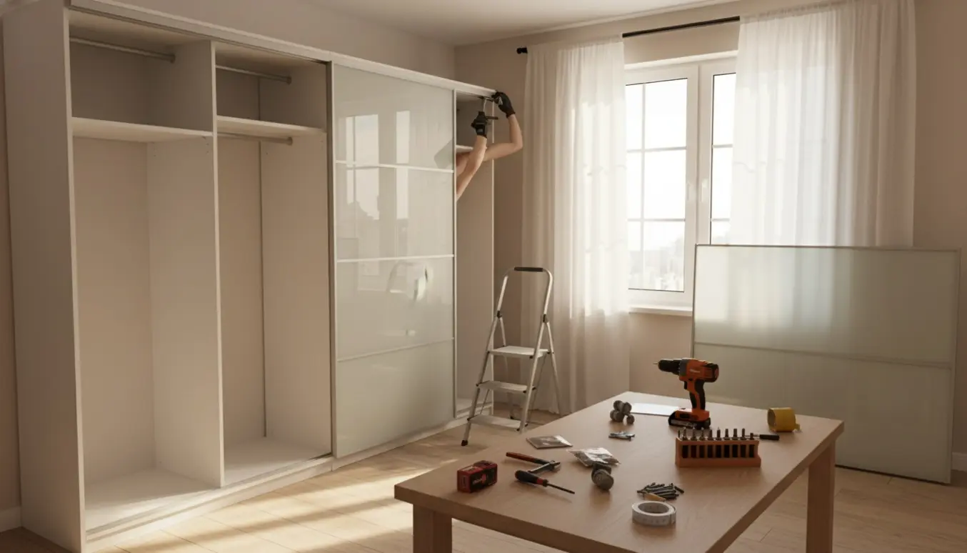 To 2x2 PAX-skabe under montering med skydedøre, opsatte gardiner ved vinduet og værktøj på et bord.