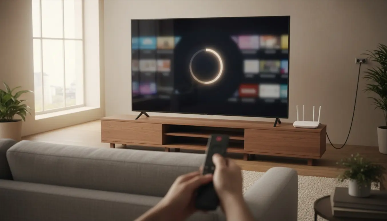 Hænder holder en fjernbetjening og gennemfører kanalsøgning på en 55 tommer QLED-fladskærm i en lys, moderne stue.