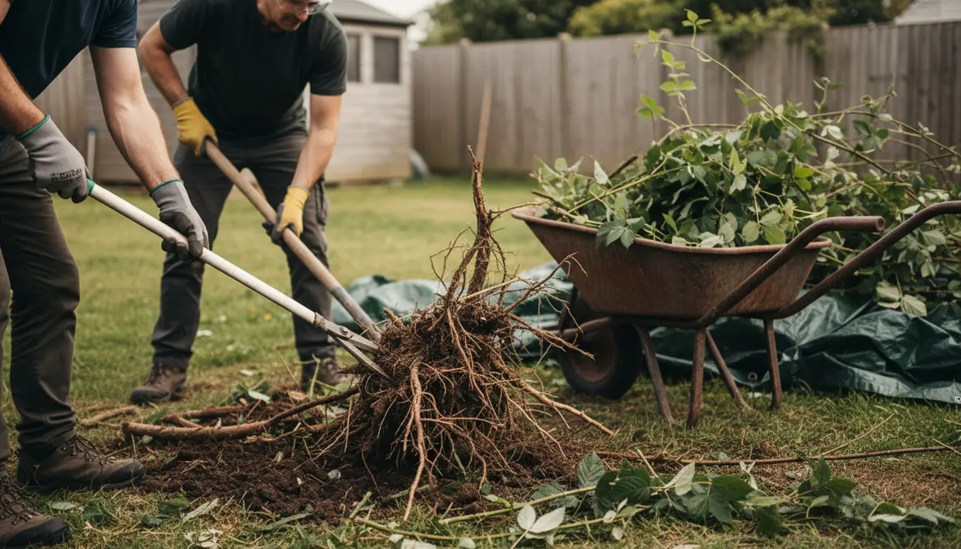 Person fjerner en stor brombærbusk i baghaven med grensaks og skovl, og bunker af beskårne tornegrene på en presenning.