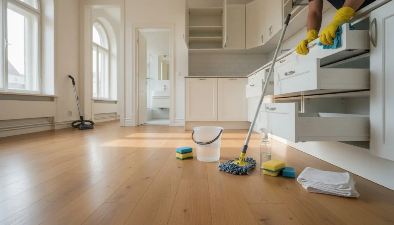 Flytterengøring i en lys treværelses lejlighed med nyvaskede gulve, rengjorte skabe og rengøringsudstyr i forgrunden.