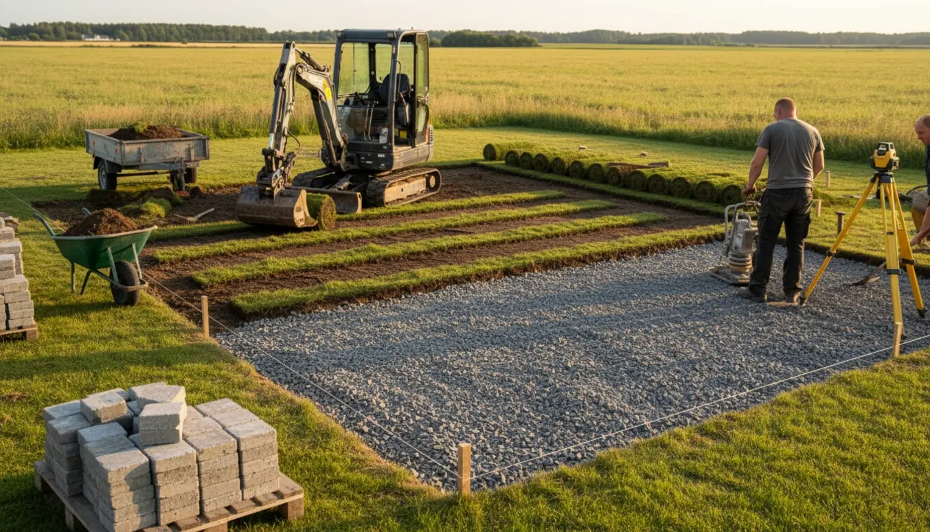 Mini-gravemaskine og arbejdere forbereder og udjævner underlaget til en fliseterrasse med rullede græstørv og jord på trailer.