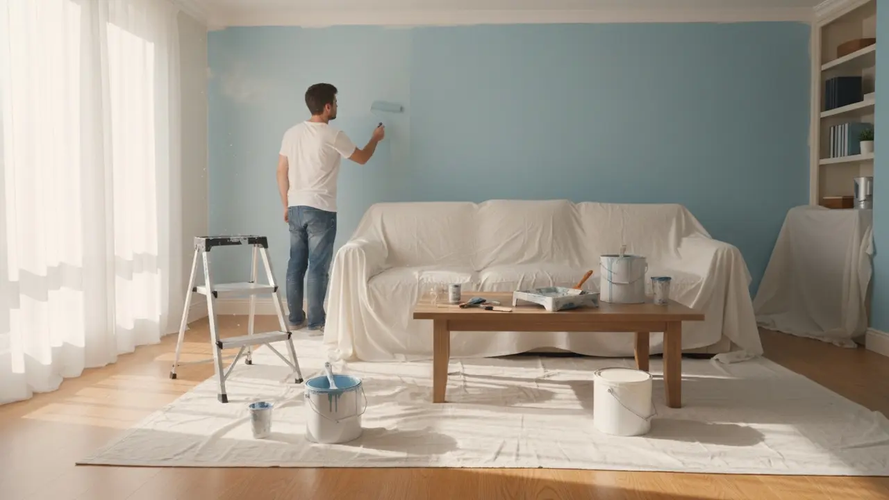 Person maler stue med rulle, dækkede møbler og malerbøtter