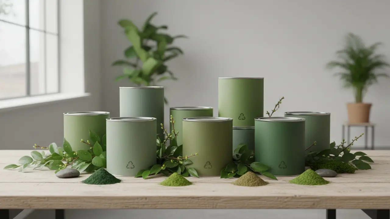 Bæredygtige malerbøtter med grønne blade og genanvendelig emballage