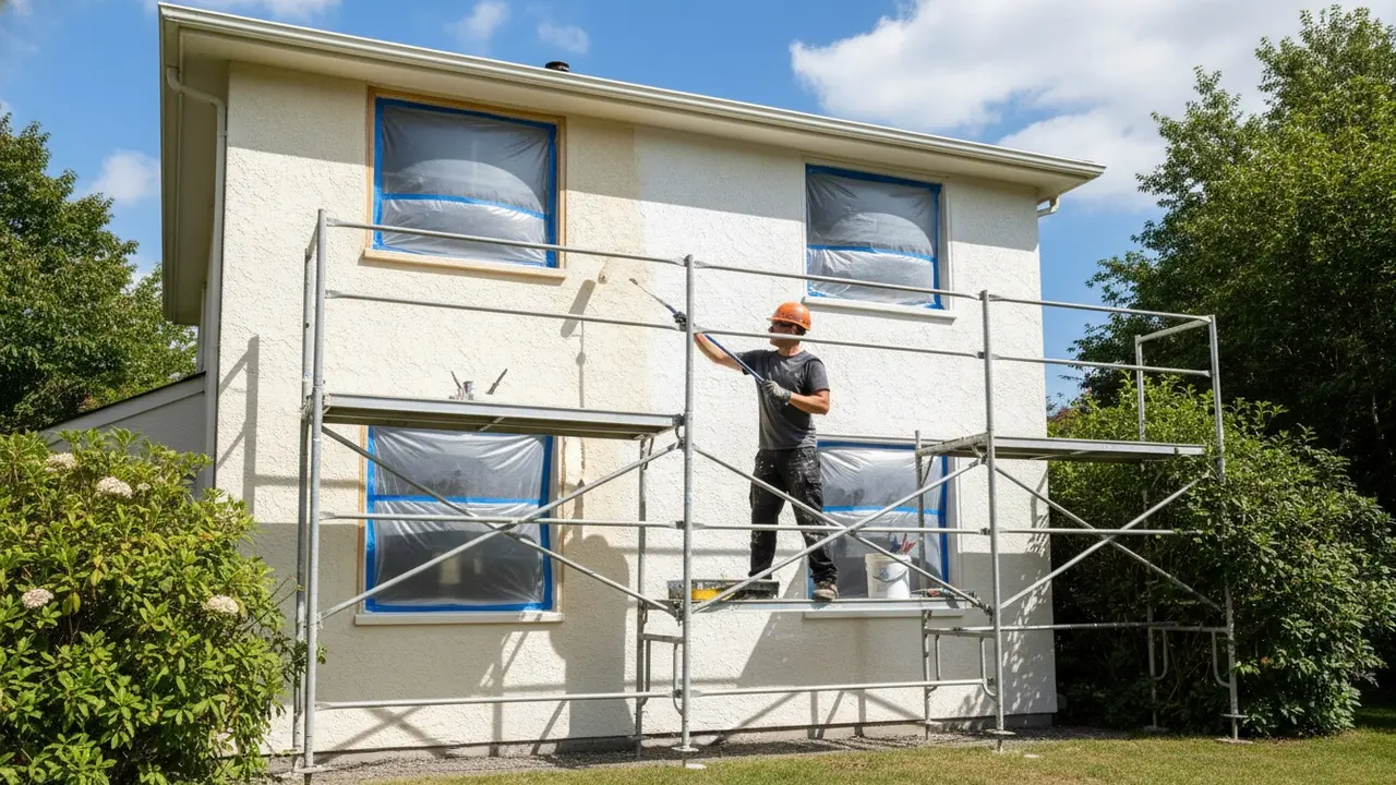 Person maler husfacade med rulle, afdækket vindue og stillads