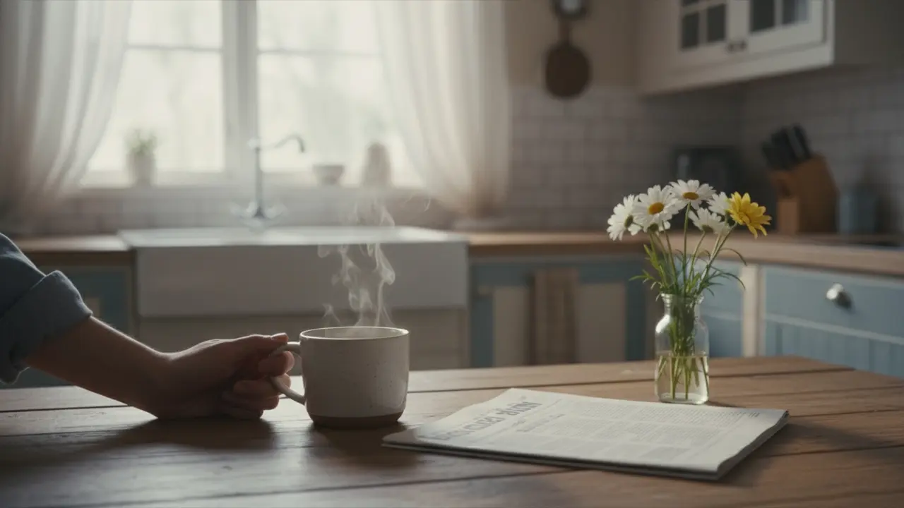 Morgenkaffe og avis i et hyggeligt køkken med blødt sollys.