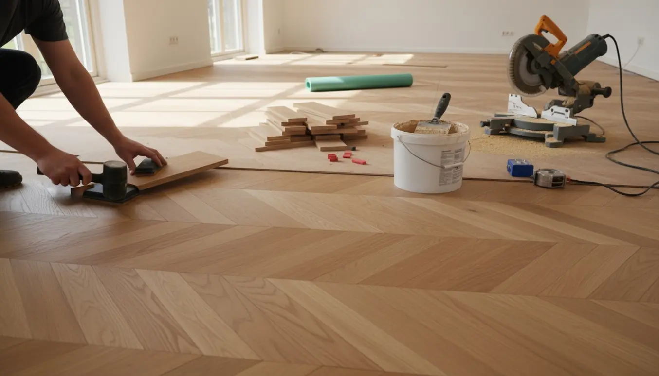 Delvist lagt sildebensparket i varmt egetræ med håndværktøj og hænder i arbejde i et lyst rum.