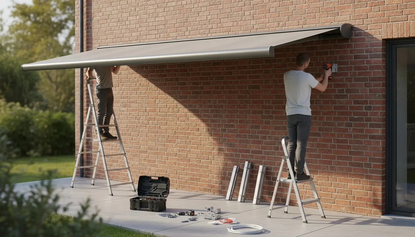 Montører monterer en lukket elektrisk kassette-markise på en murstensvæg, ansigter ikke synlige.