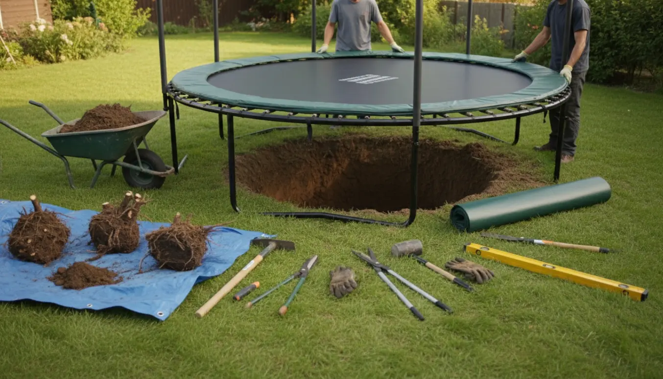 Nedgravning af rund trampolin i baghave med tre udgravede buskerødder og haveredskaber omkring.