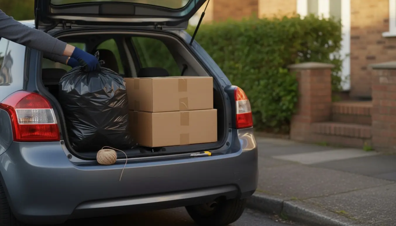 Bagagerum med en sæk og to sammenlagte papkasser klar til bortkørsel.