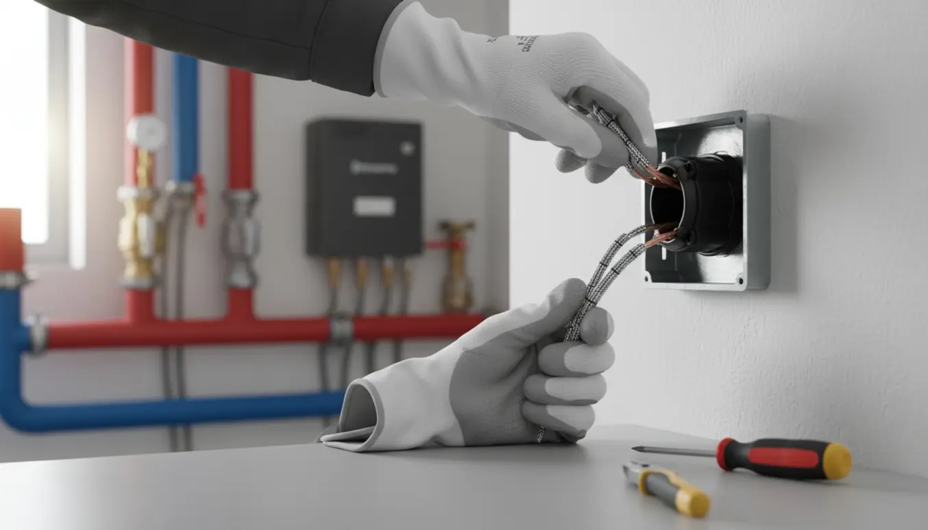 Teknikerens handskerede hænder monterer et strømstik i en væg ved en fjernvarmeunit.