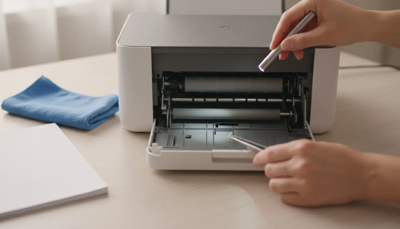 Hænder, der undersøger indersiden af en åben hjemmeprinter uden fastklemt papir.