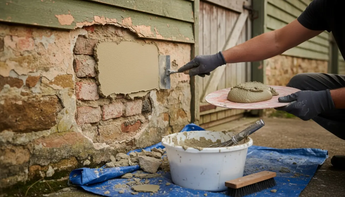 Nærbillede af reparation af løs puds på ydersiden af en lille stald, med ny puds påført og gammel puds skrabet af.