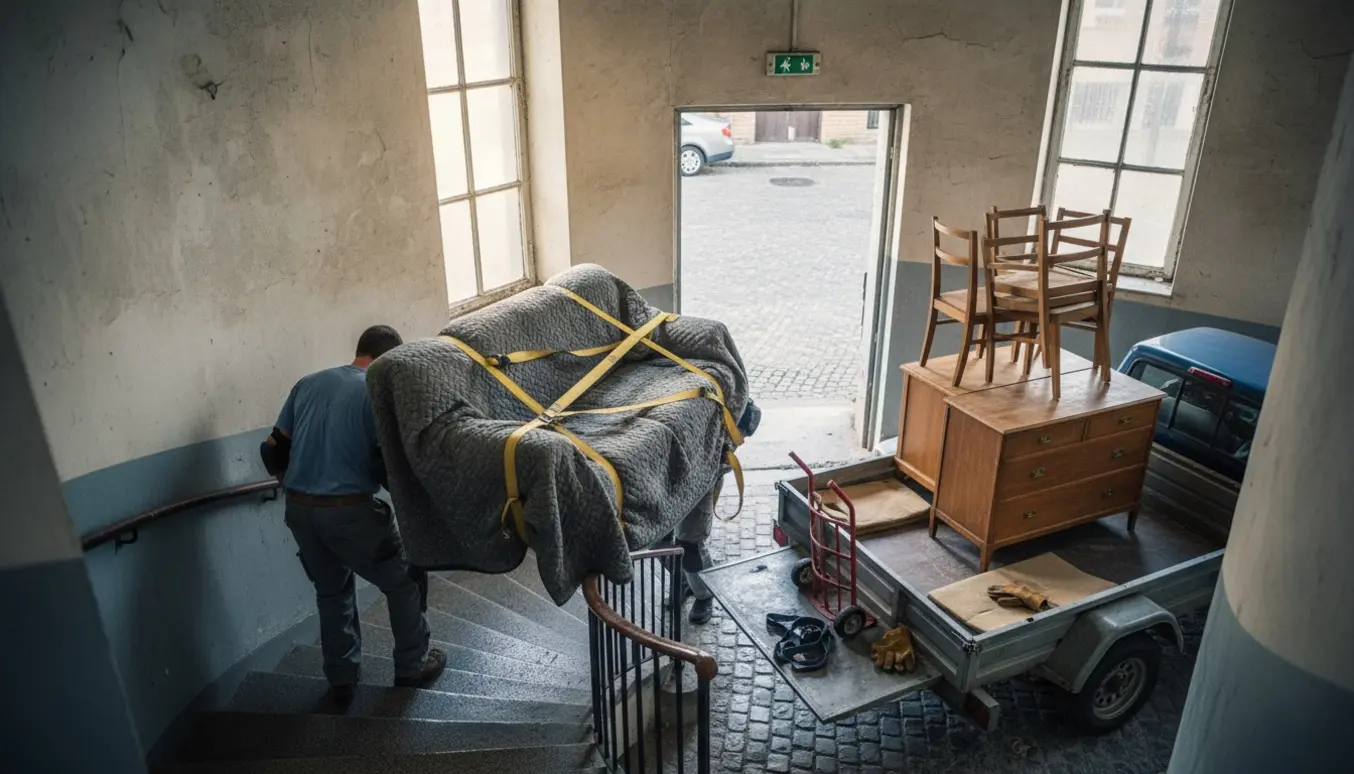 To personer bærer en stor sofa ned ad trappe mod en trailer, mens kommode, bord og stole venter på at blive læsset.