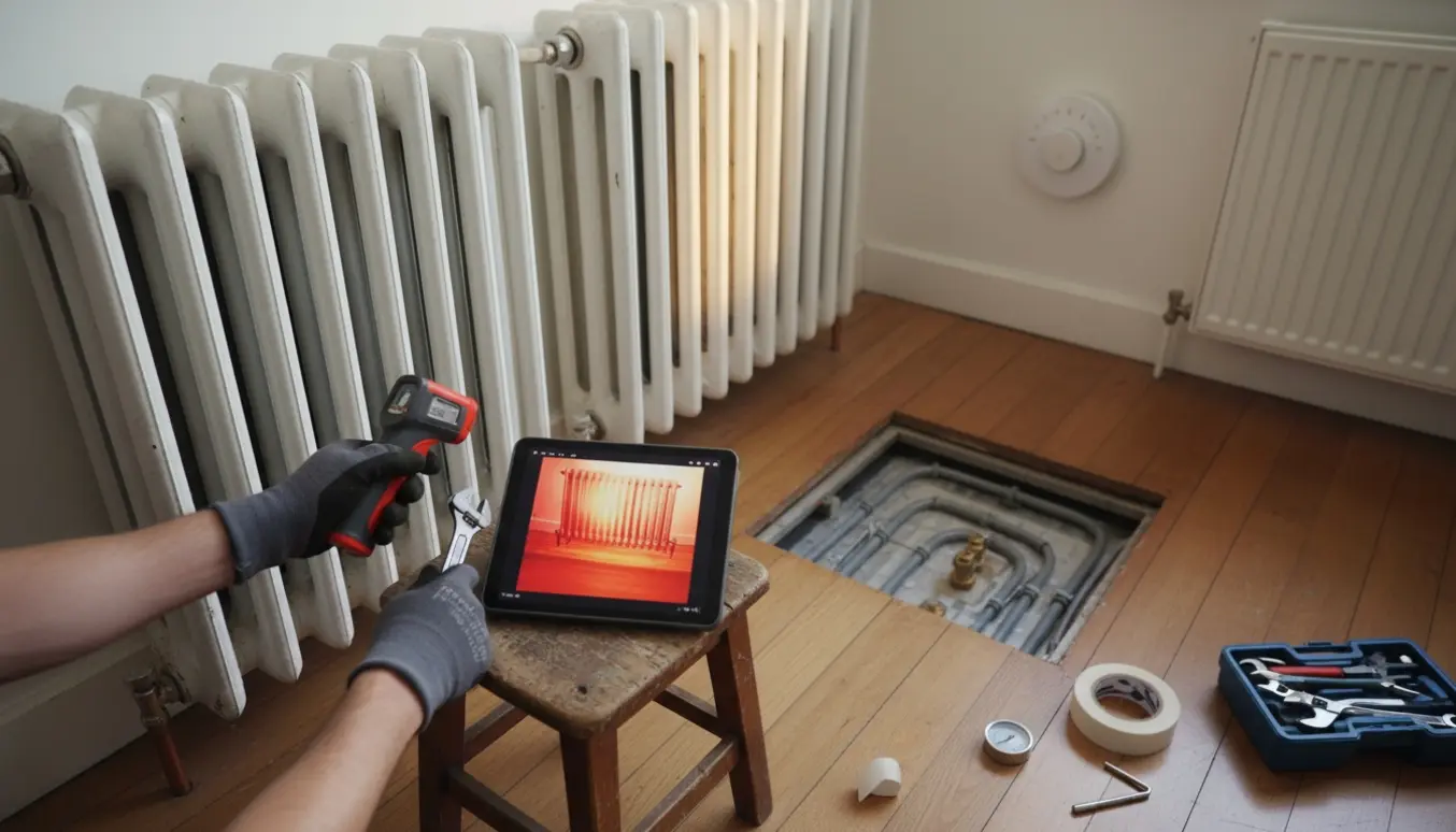 Håndværker undersøger radiator og gulvvarme med værktøj og et termisk billede i et lyst hjem.