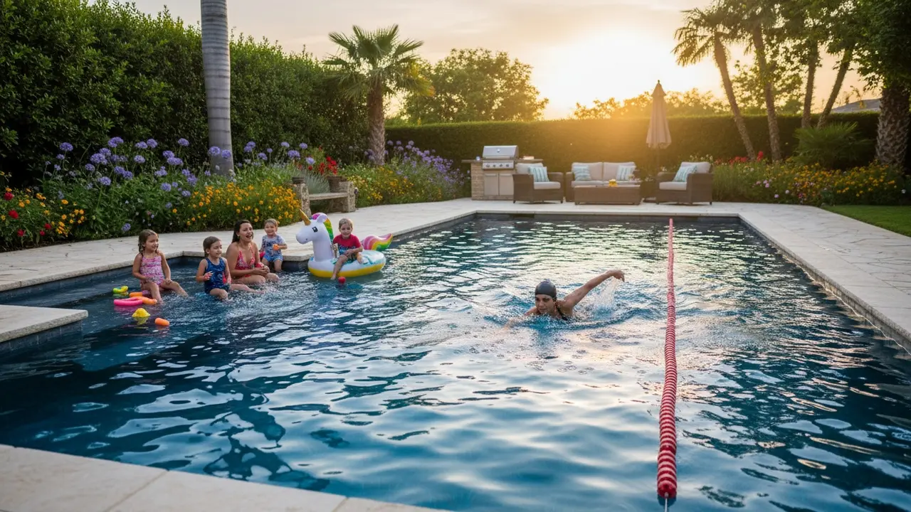Baghavepool med børn der leger og en voksen der svømmer baner
