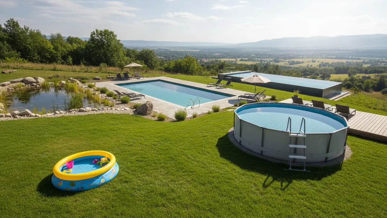 Oversigt over forskellige pooltyper: oppustelig, overjordisk, indbygget, infinity og naturpool