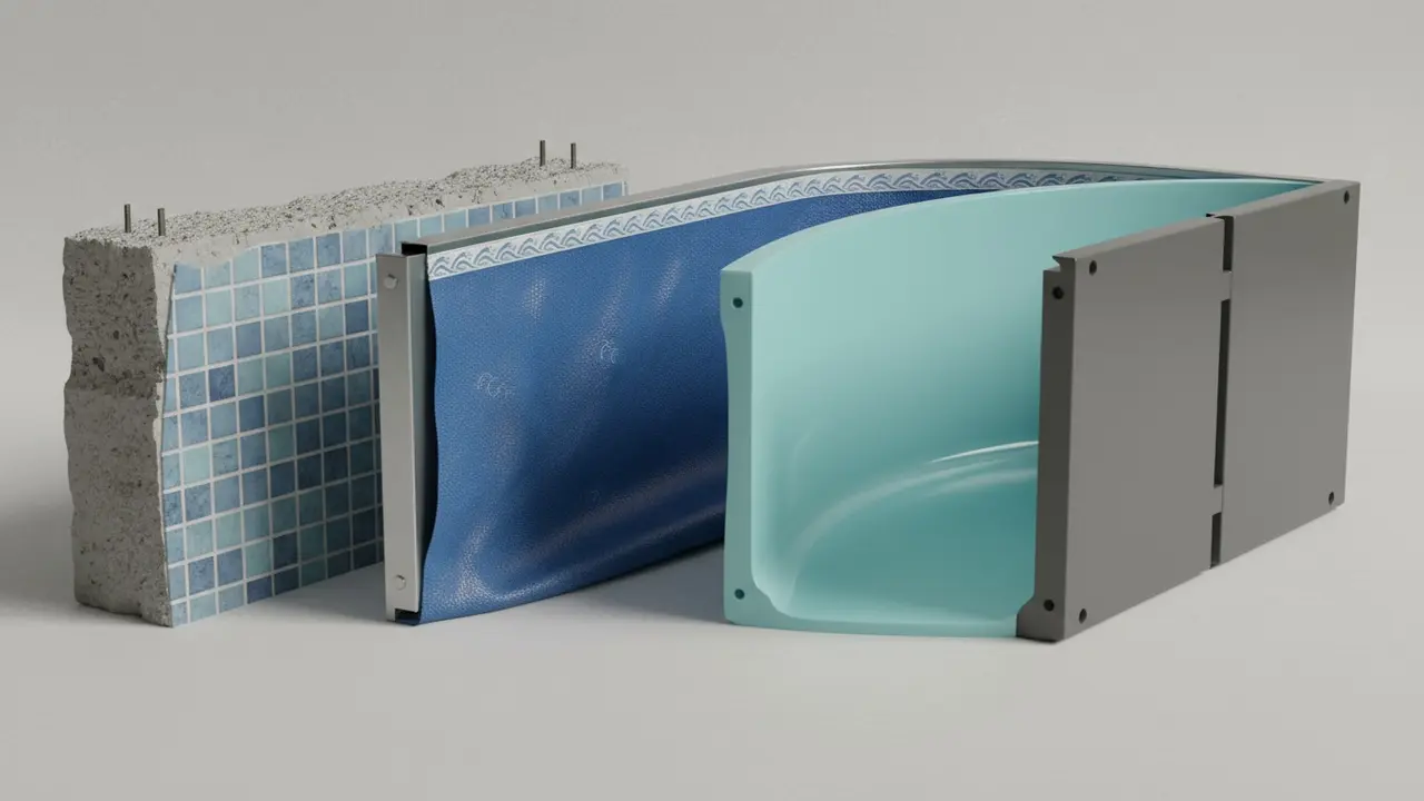 Tværsnit af poolmaterialer: beton, vinyl-liner, glasfiber og polypropylen ved siden af hinanden