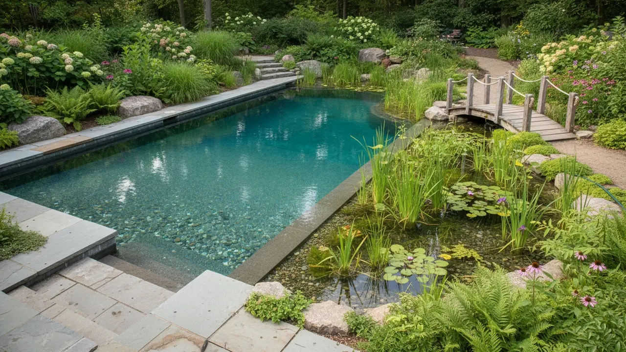 Naturlig swimmingpool med klar badezone og plantet filtreringsområde ved siden af