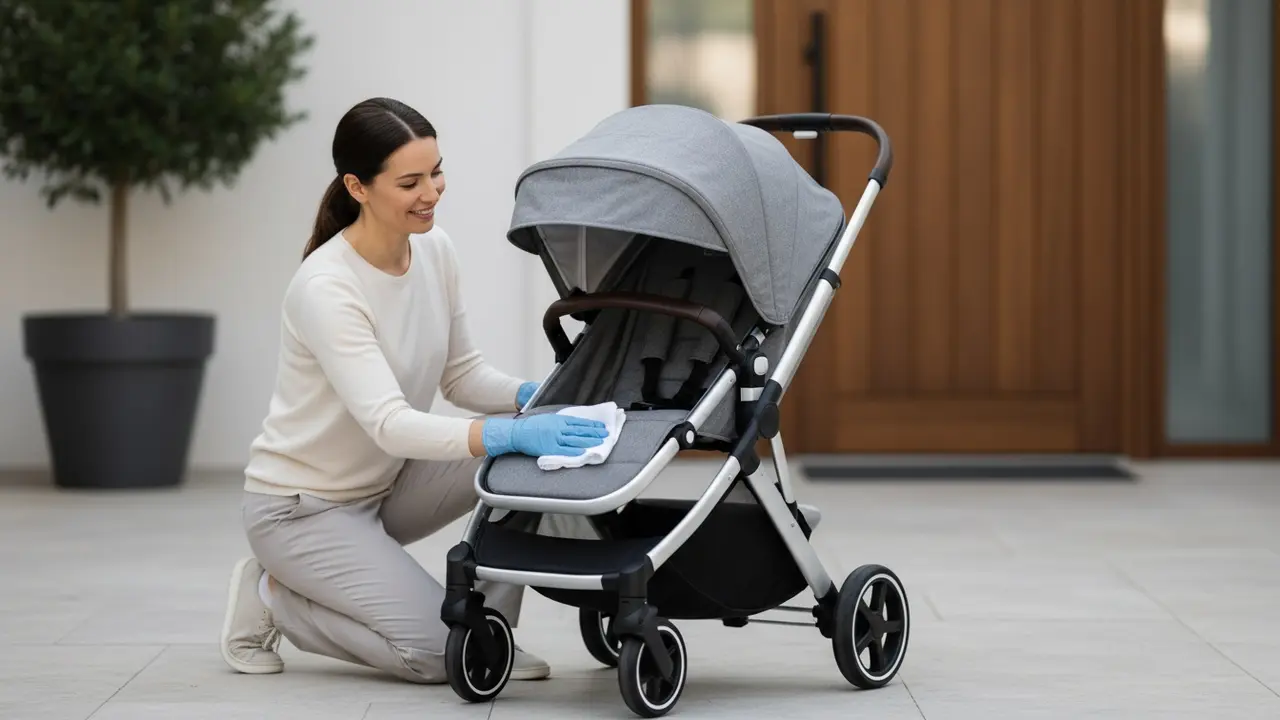 Rengøringsperson ved en tom barnevogn, aftørrer kalechen udendørs