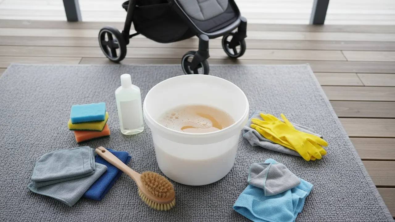 Rengøringsudstyr samlet ved en barnevogn: spand, børste, svampe og klude
