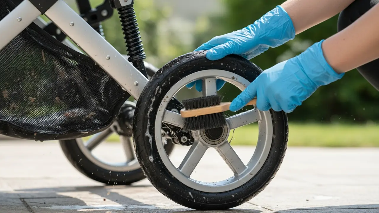 Nærbillede af rensning af barnevognens hjul og understel med børste