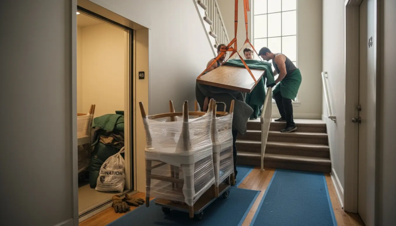 Flyttefolk bærer et træspisebord op ad trappen, mens seks indpakkede Y-stole rulles ind i elevatoren.
