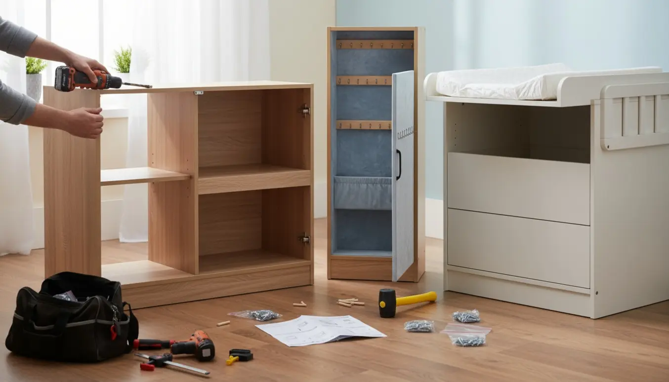 Delvist samlede møbler: fritstående køkkenskab, smykkeskab og puslekommode på gulvet med værktøj og hænder i arbejde i blødt dagslys.