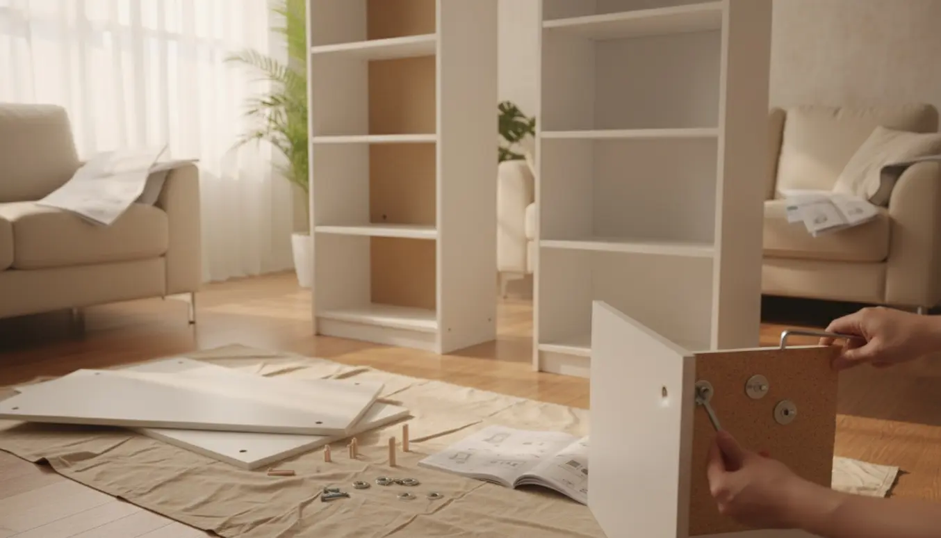 To hvide reoler under samling i en lys stue med værktøj og manual på gulvet.