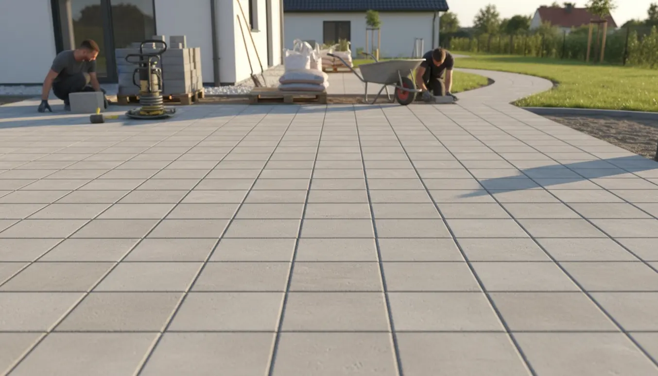 Nyanlagt indkørsel med firkantede fliser, terrasse og gangsti ved et nybyggeri med værktøj og granitskærver.