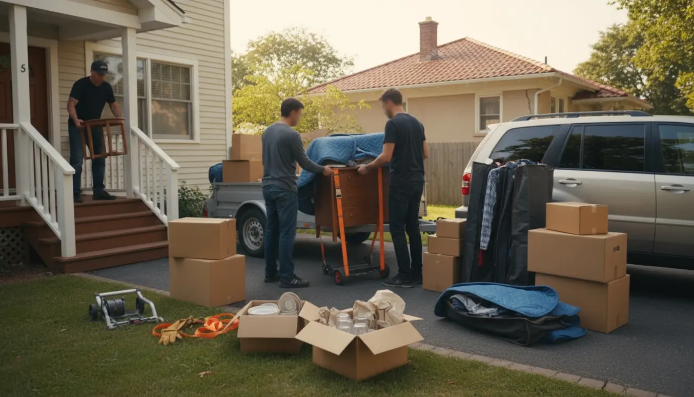 To hjælpere læsser teakmøbler, kasser og tøj fra et to-etagers hus ind i en trailer ved et etplanshus.