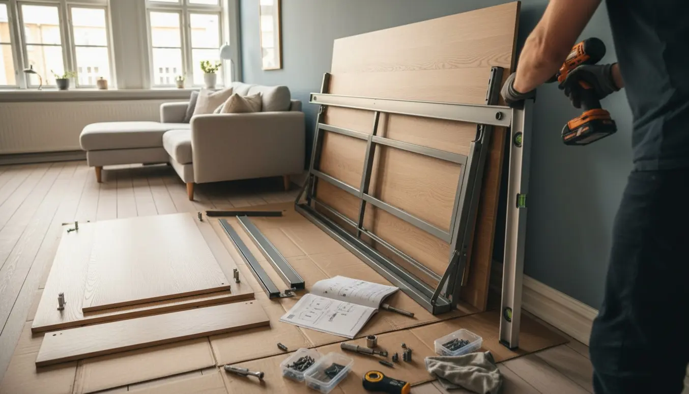 Hænder monterer beslag til en skabsseng i en lys stue med skruer og værktøj på gulvet.