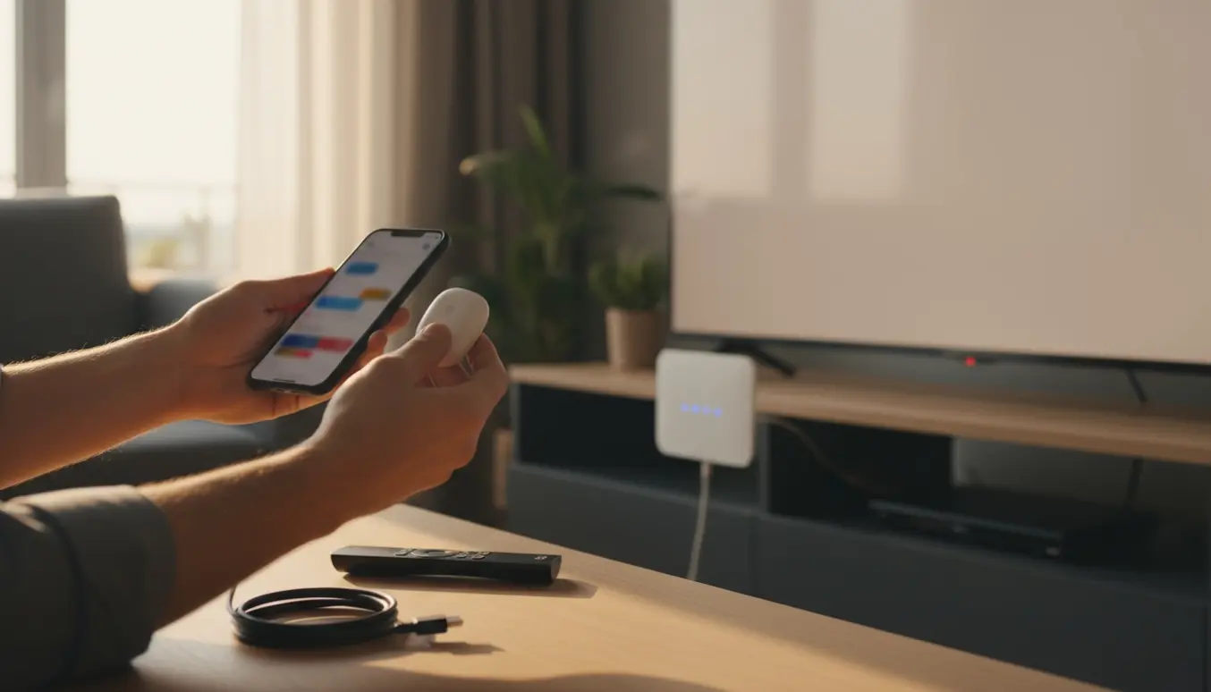 Hænder sætter en streaming-dongle i et TV, mens en smartphone viser en sløret app-installation.