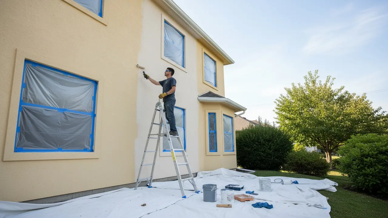 Udendørs husfacade males i mildt vejr; maler på stige med afdækning og værktøj.