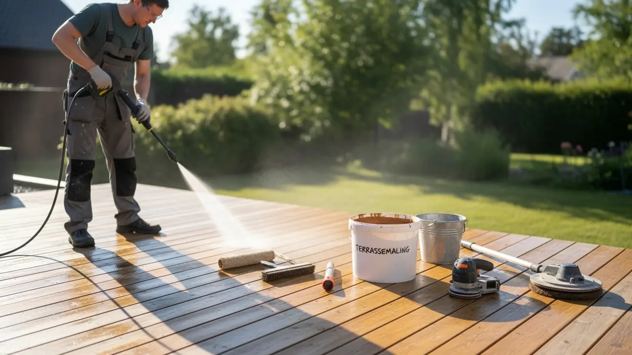 Træterrasse under forberedelse med højtryksrenser, ruller, primer og slibeværktøj synligt.