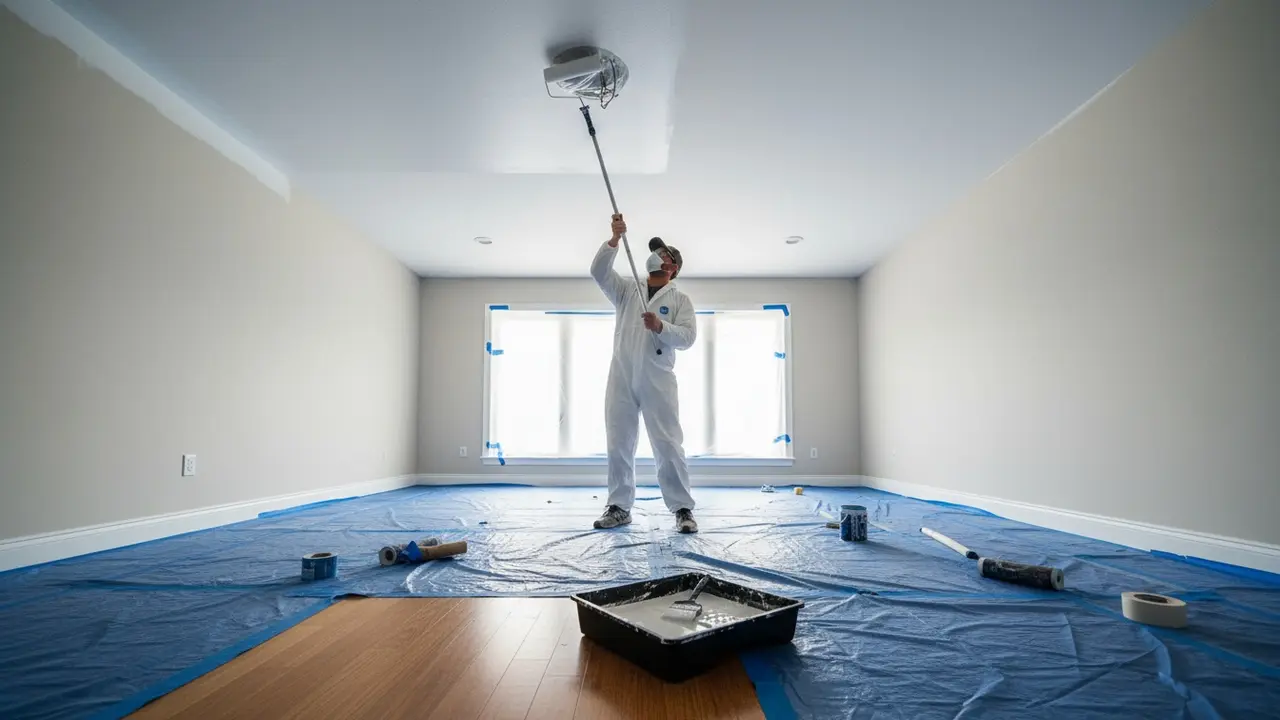 Person maler loft med teleskopskaft og rulle, gulvet dækket med plastik og malerværktøj på plads.