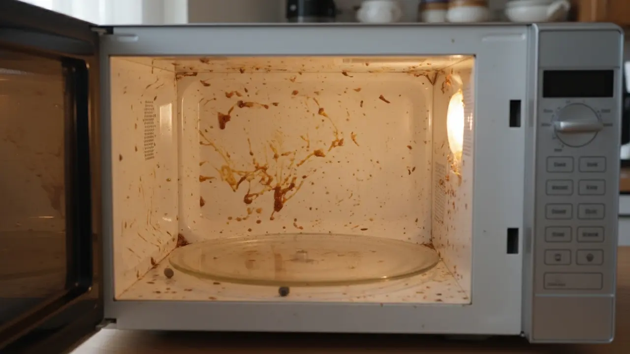 Inderside af mikroovn med madrester og stænk på væggene