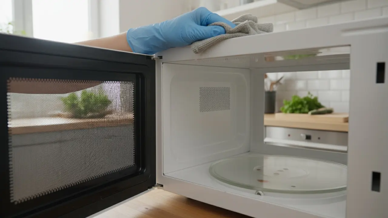 Hænder tørrer mikroovnens inderside med en fugtig klud