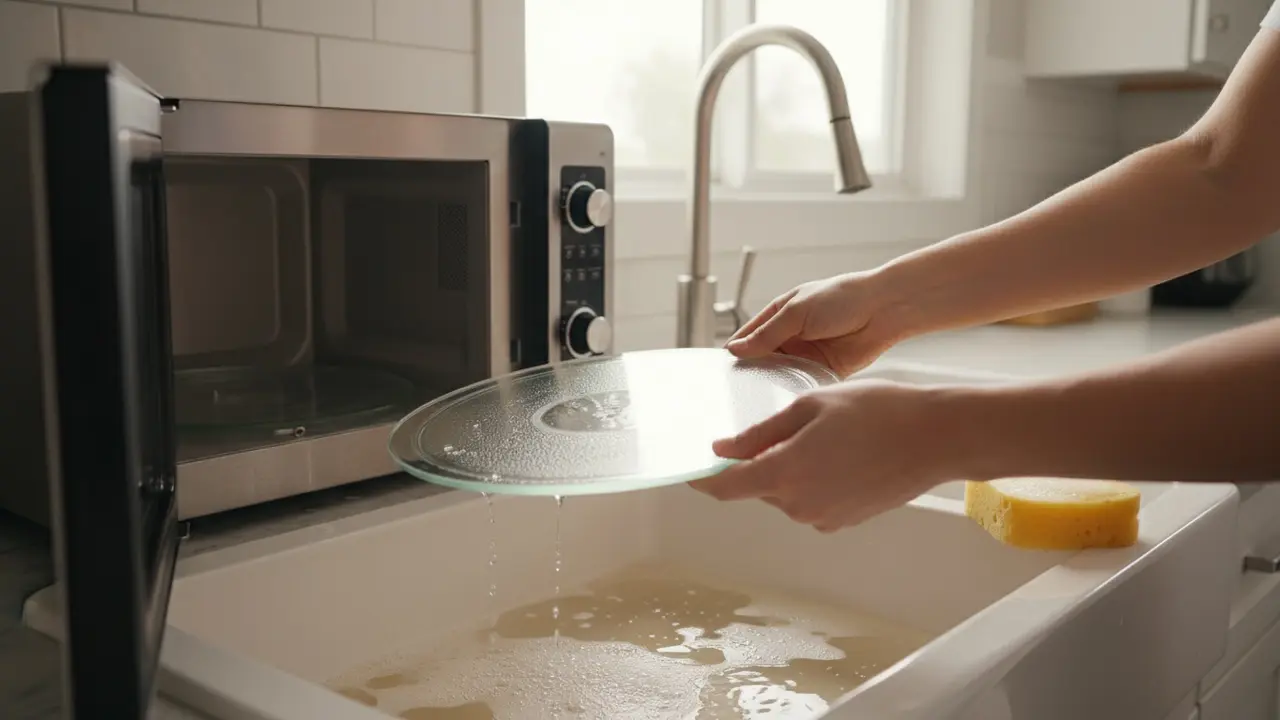 Fjernelse og vask af glaspladen fra mikroovnen i varmt sæbevand